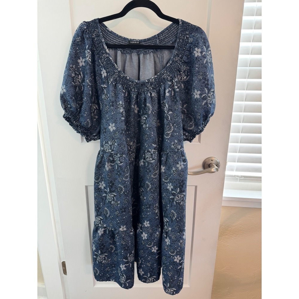 Torrid Blue Floral Tiered Midi Dress Puff Sleeve Pockets 1X Cottagecore Cowgirl